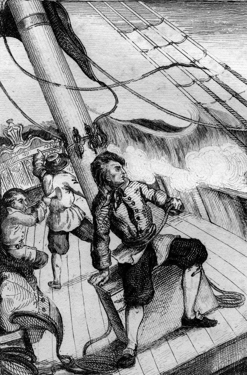 Jede Minute erwartete ich, verschlungen zu werden. Gravur nach einer Zeichnung von M. de Sainson für das Buch von Daniel Defoe "Robinson Crusoe", französische Ausgabe von 1837 von Louis Auguste de Sainson