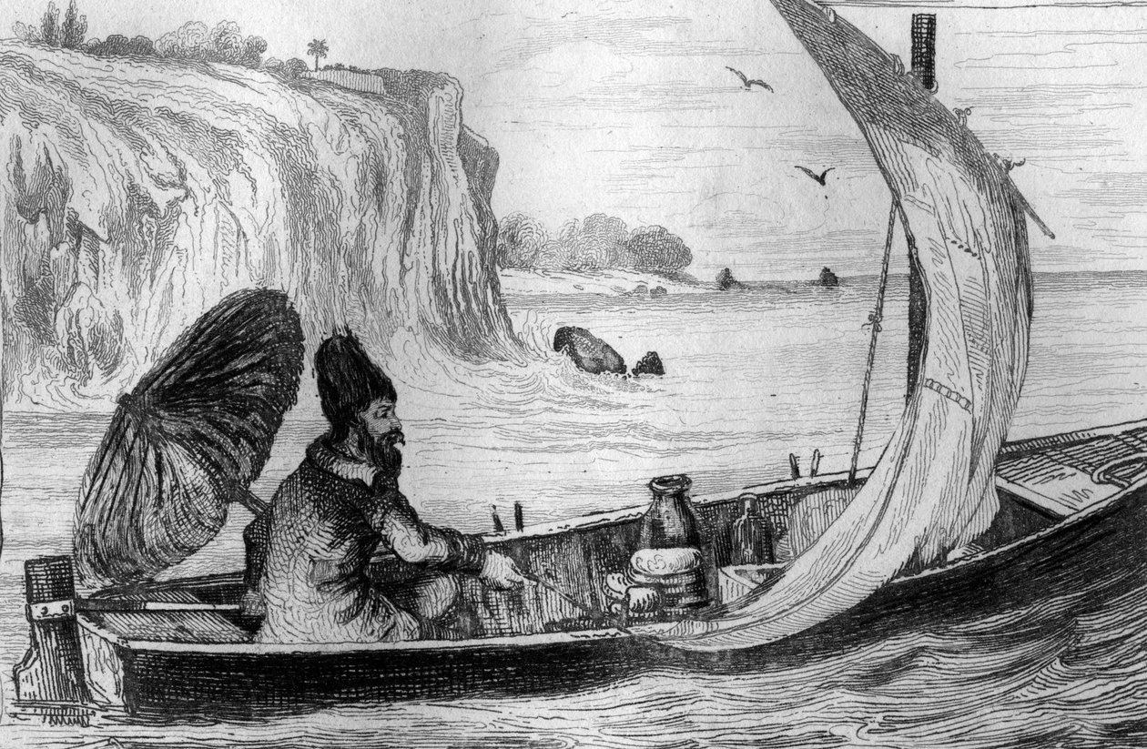 Ich wurde von der Strömung getrieben, Gravur nach einer Zeichnung von M. de Sainson für das Buch von Daniel Defoe „Robinson Crusoe“, französische Ausgabe von 1837 von Louis Auguste de Sainson