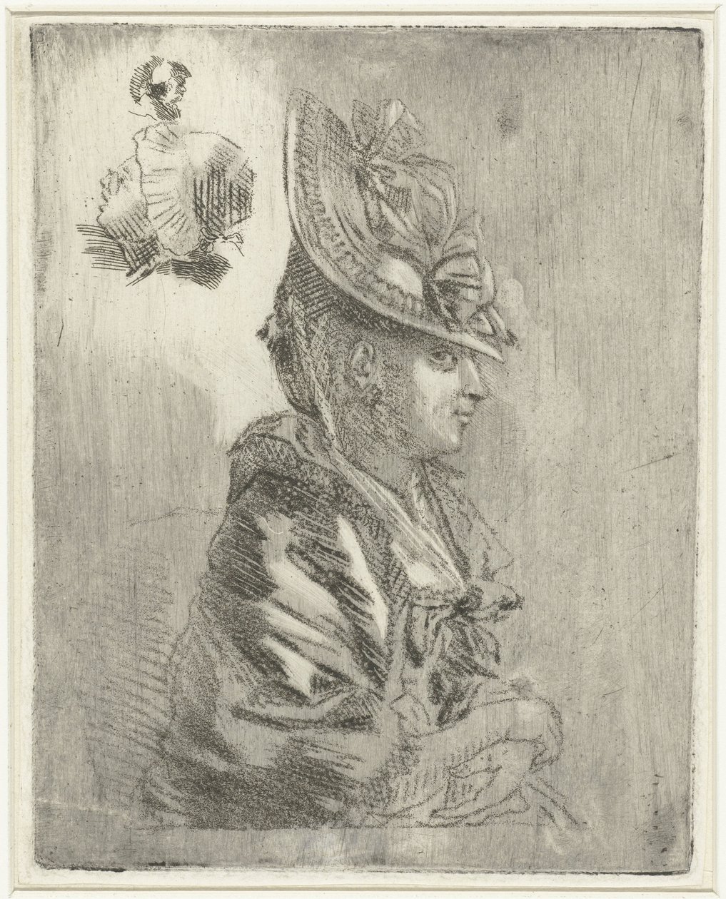 Studienblatt mit dem Porträt einer jungen Frau mit Hut und zwei kleineren Porträts von Louis Bernard Coclers