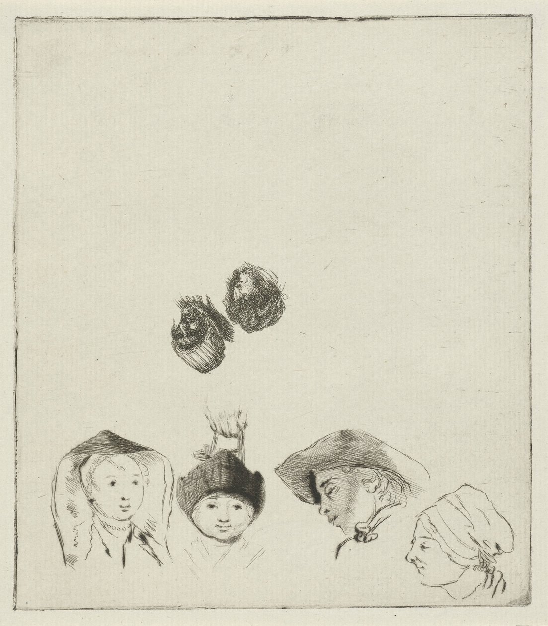 Studienblatt mit sechs Köpfen von Louis Bernard Coclers