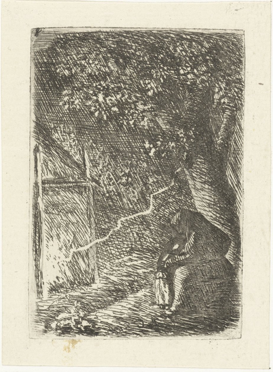 Frau und Kind suchen Schutz vor dem Blitz unter einem Baum von Louis Bernard Coclers