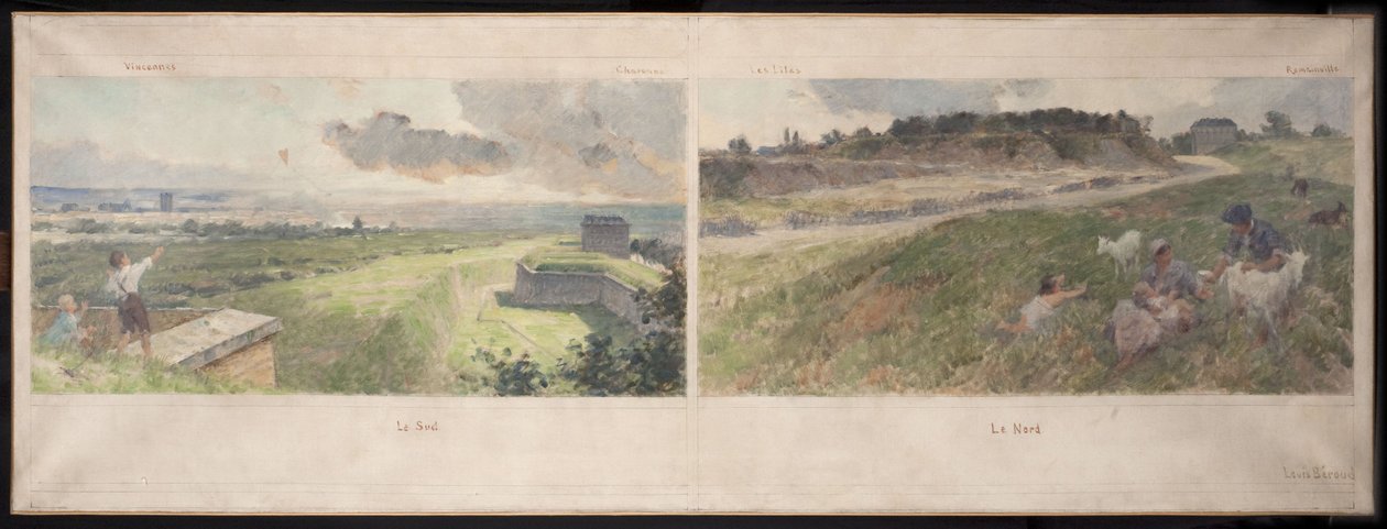 Skizze für das Rathaus von Bagnolet: Zwei Ansichten der Umgebung von Bagnolet (Nord und Süd) von Louis Beroud