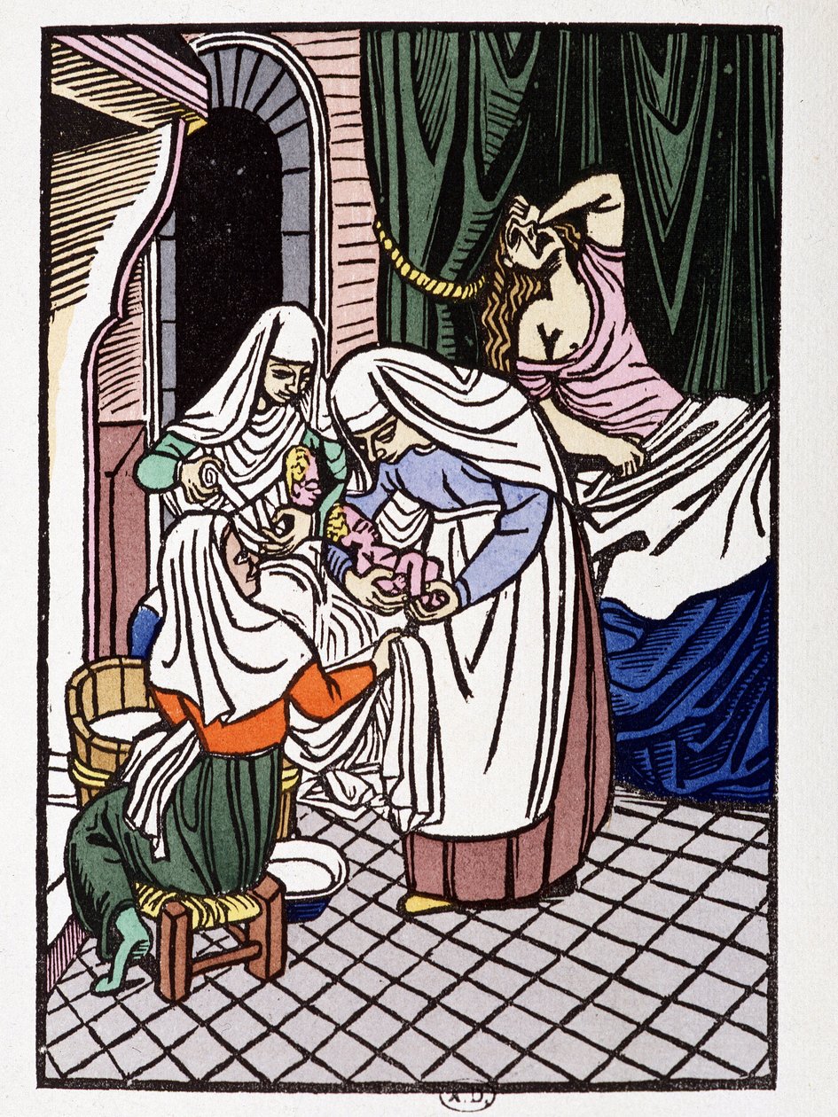 Frau bei der Geburt - in „Die Lieben von Frene und Galeran erzählt nach Jean Renard, Ende des 12. Jahrhunderts, adaptiert von André Mary“, illustriert mit Holzschnitten von Louis Bouquet, ed. Jonquières, Paris von Louis Bouquet