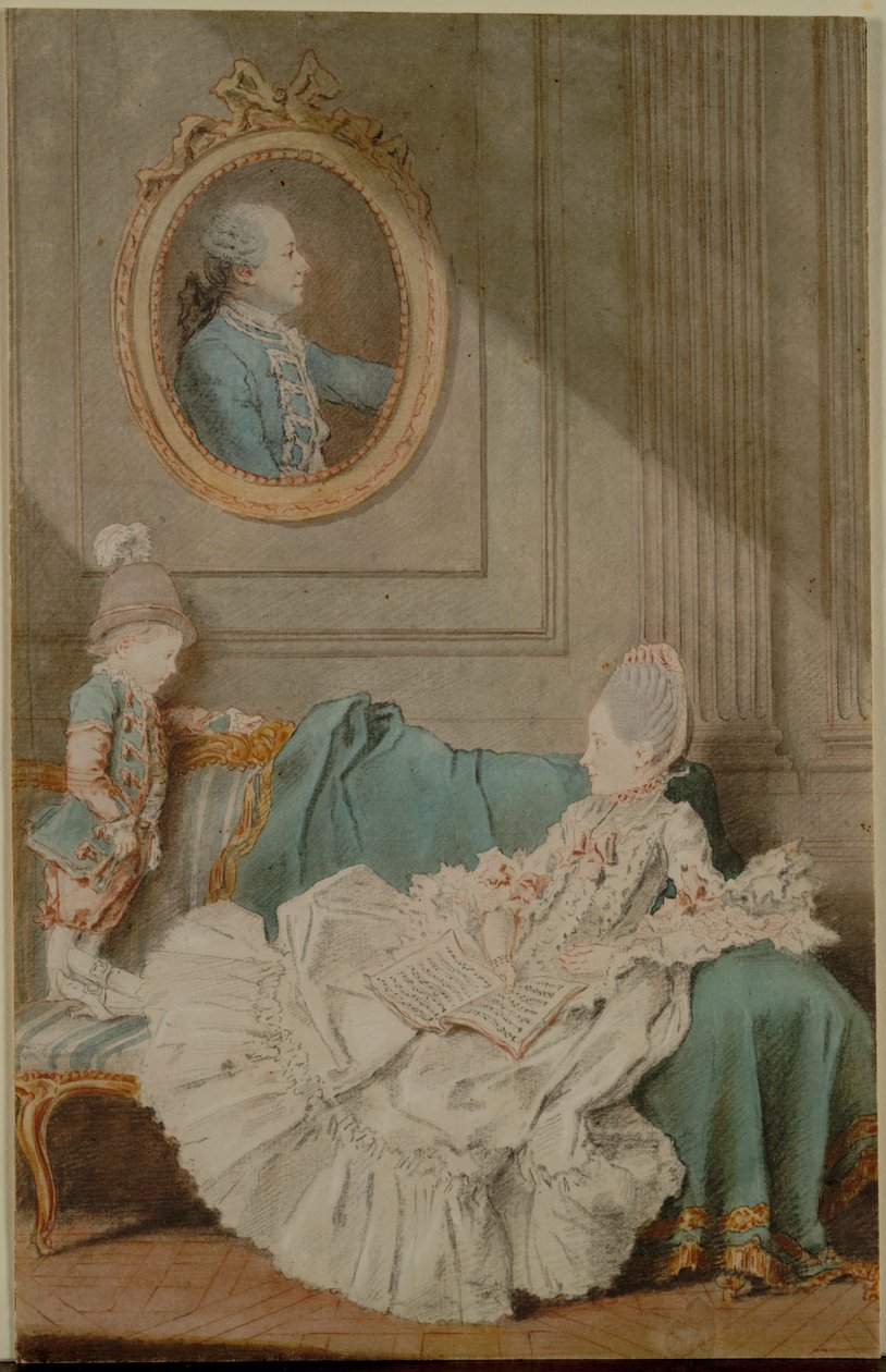 Madame Millin du Perreux und ihr Sohn, mit einem gemalten Porträt von Monsieur Jérôme-Robert Millin du Perreux von Louis Carmontelle