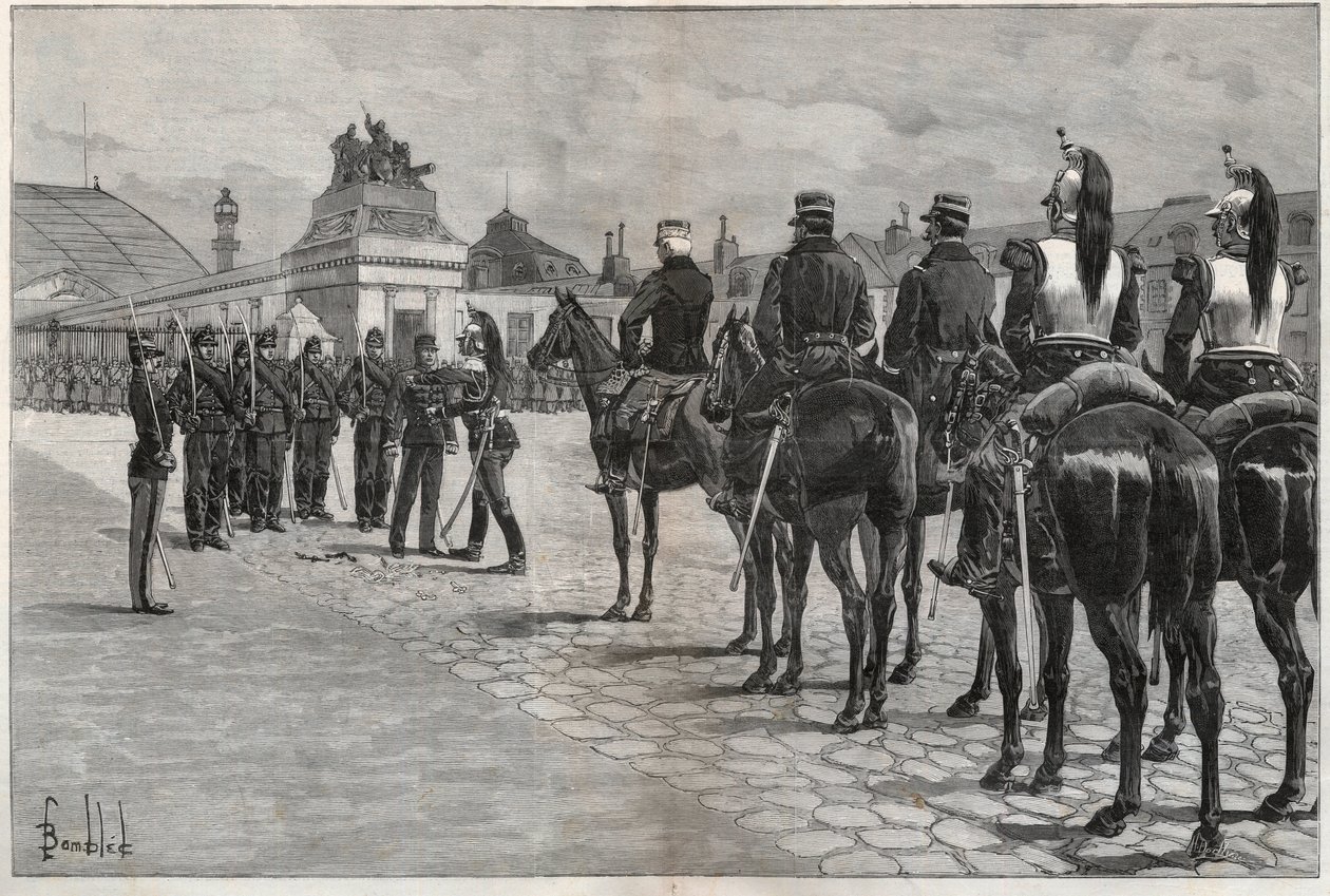 Degradierung von Alfred Dreyfus - Dreyfus-Affäre: Die Degradierung von Alfred Dreyfus im Hof der Militärschule Paris, 5. Januar 1895. Gravur in „Le monde illustré“ von 1895 - Zeichnung von Bombled. von Louis Charles Bombled