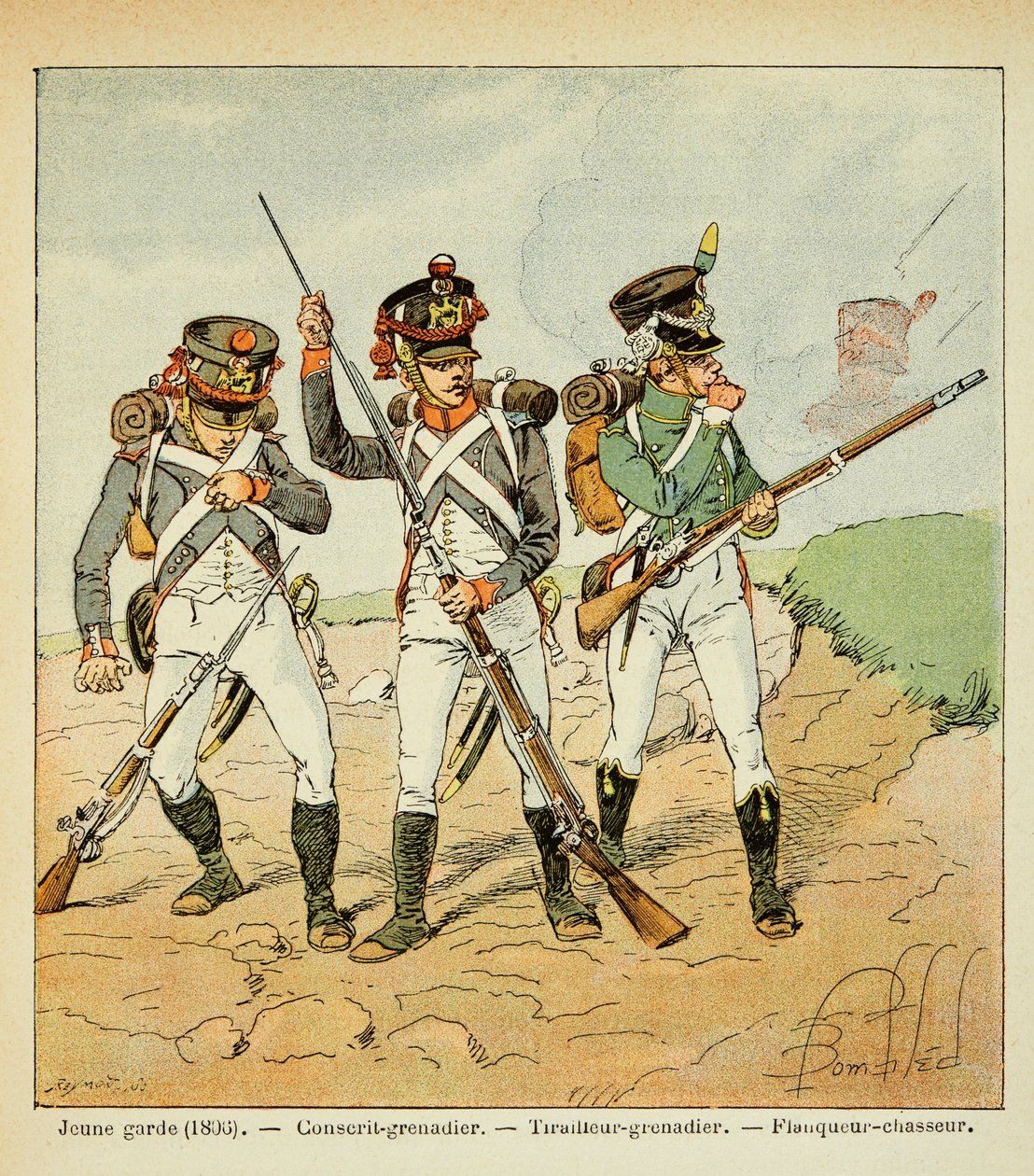 Illustration von Bombled Louis (1862-1927) aus dem Buch „Das Memorial von Saint Helene“ von Graf Emmanuel de Las Cases (1766-1842): Die Junge Garde von 1806: Wehrpflichtiger Grenadier; Schütze Grenadier und Flankenjäger von Louis Charles Bombled