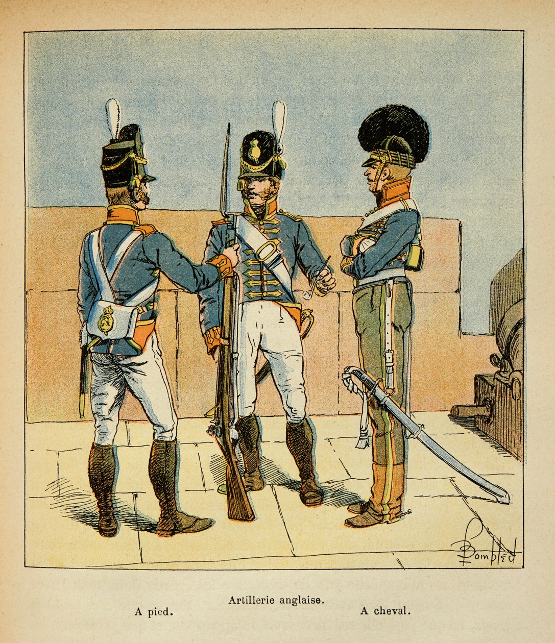 Illustration von Louis Bombled aus dem Buch „Das Memorial von Saint Helene“ von Graf Emmanuel de Las Cases: Englische Artillerie: Zu Fuß; Zu Pferd, Private Sammlung von Louis Charles Bombled