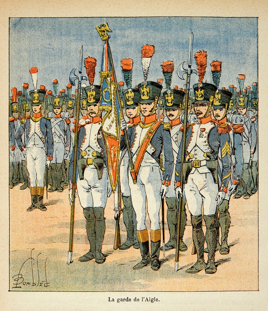 Illustration von Louis Bombled aus dem Buch „Das Memorial von Saint Helene“ von Graf Emmanuel de Las Cases: Die Wache des Adlers (von Napoleon geschaffen, um die Flagge zu schützen), Private Sammlung von Louis Charles Bombled