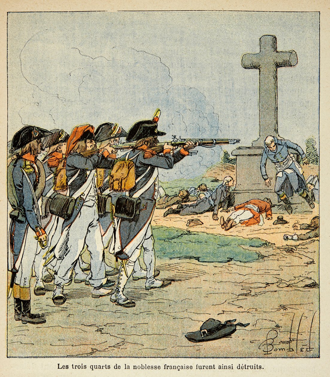 Illustration von Louis Bombled aus dem Buch „Das Memorial von Saint Helene“ von Graf Emmanuel de Las Cases: Schusswechsel der Chouans während des Vendée-Krieges, Private Sammlung von Louis Charles Bombled