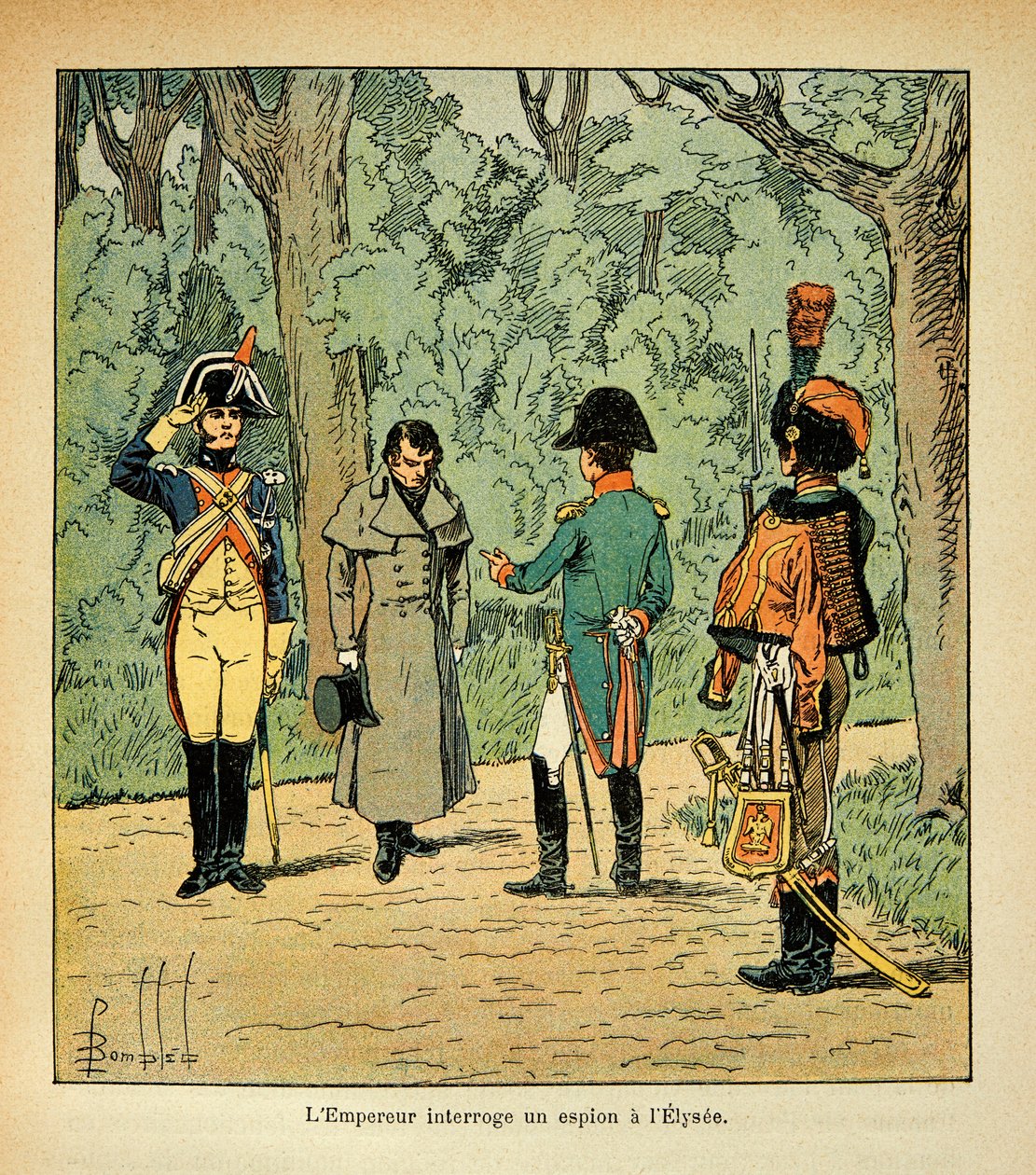 Illustration von Louis Bombled (1862-1927) aus dem Buch „Das Memorial von St. Helena“ von Graf Emmanuel de Las Cases (1766-1842): Kaiser Napoleon verhört einen Spion im Elysee von Louis Charles Bombled