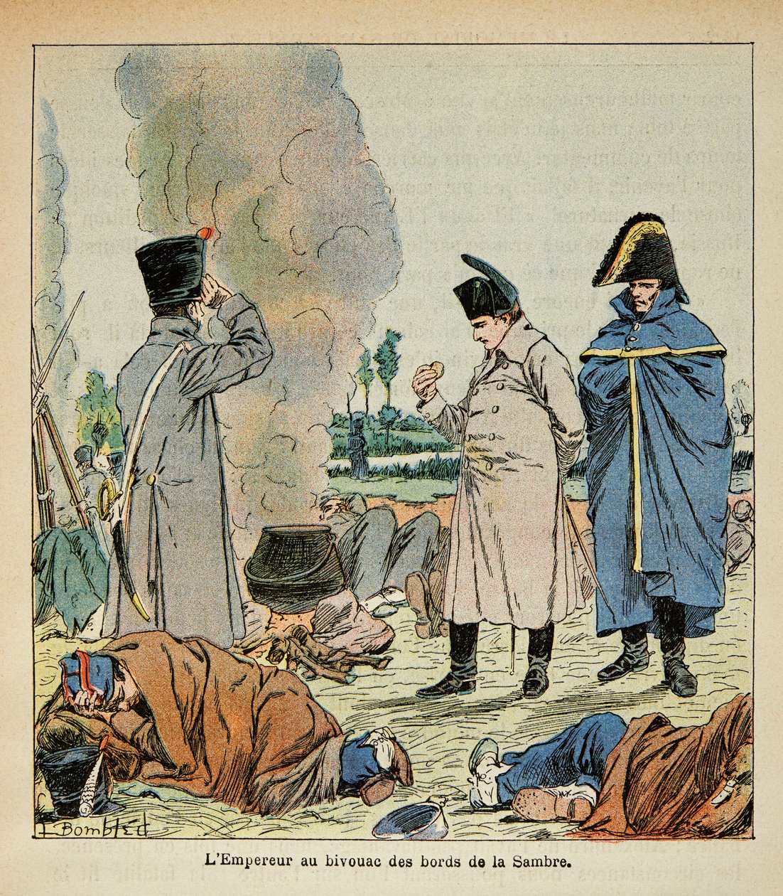 Illustration von Louis Bombled (1862-1927) aus dem Buch „Das Memorial von St. Helena“ von Graf Emmanuel de Las Cases (1766-1842): Napoleon isst während eines Biwaks das Brot der Soldaten von Louis Charles Bombled