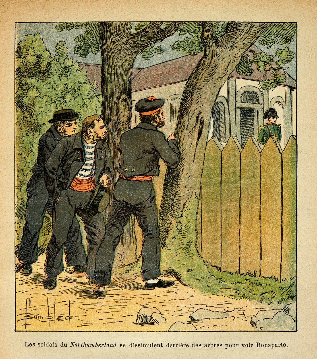 Illustration aus dem Buch „The Memorial of Saint Helene“ von Graf Emmanuel de Las Cases: Auf St. Helene verstecken sich die Matrosen der Northumberland, um Kaiser Napoleon zu sehen von Louis Charles Bombled