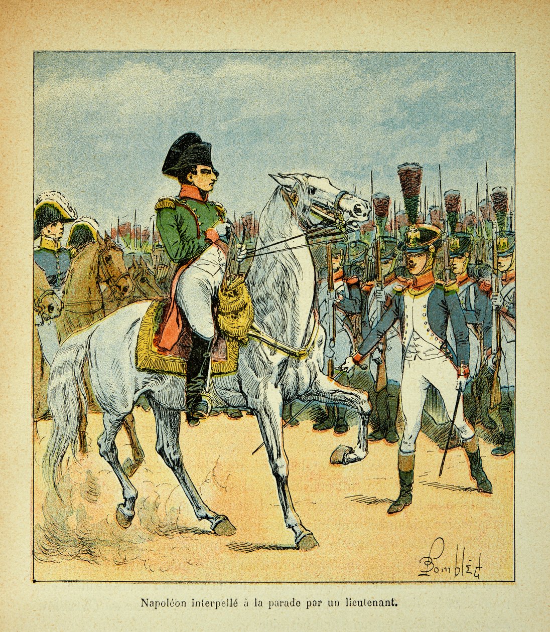 Illustration von Bombled Louis (1862-1927) aus dem Buch „Das Memorial von St. Helena“ von Graf Emmanuel de Las Cases (1766-1842): Napoleon ruft eine Parade durch einen Leutnant, Private Sammlung von Louis Charles Bombled