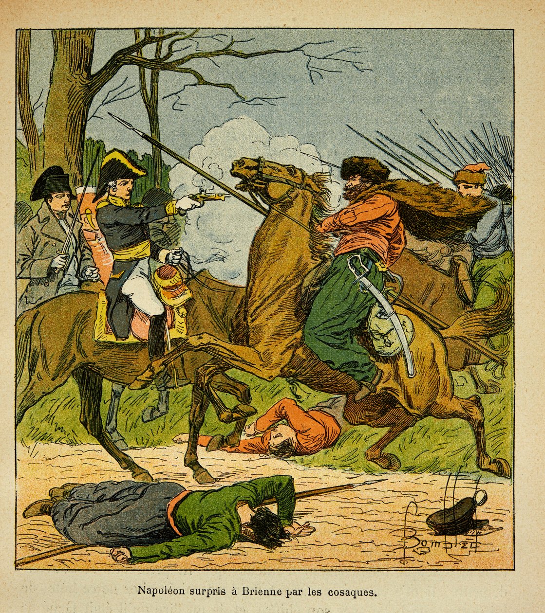 Illustration von Louis Bombled (1862-1927) aus dem Buch „Das Memorial von Saint Helena“ von Graf Emmanuel de Las Cases (1766-1842): Napoleon wird in Brienne von Kosaken überrascht, Privatbesitz von Louis Charles Bombled