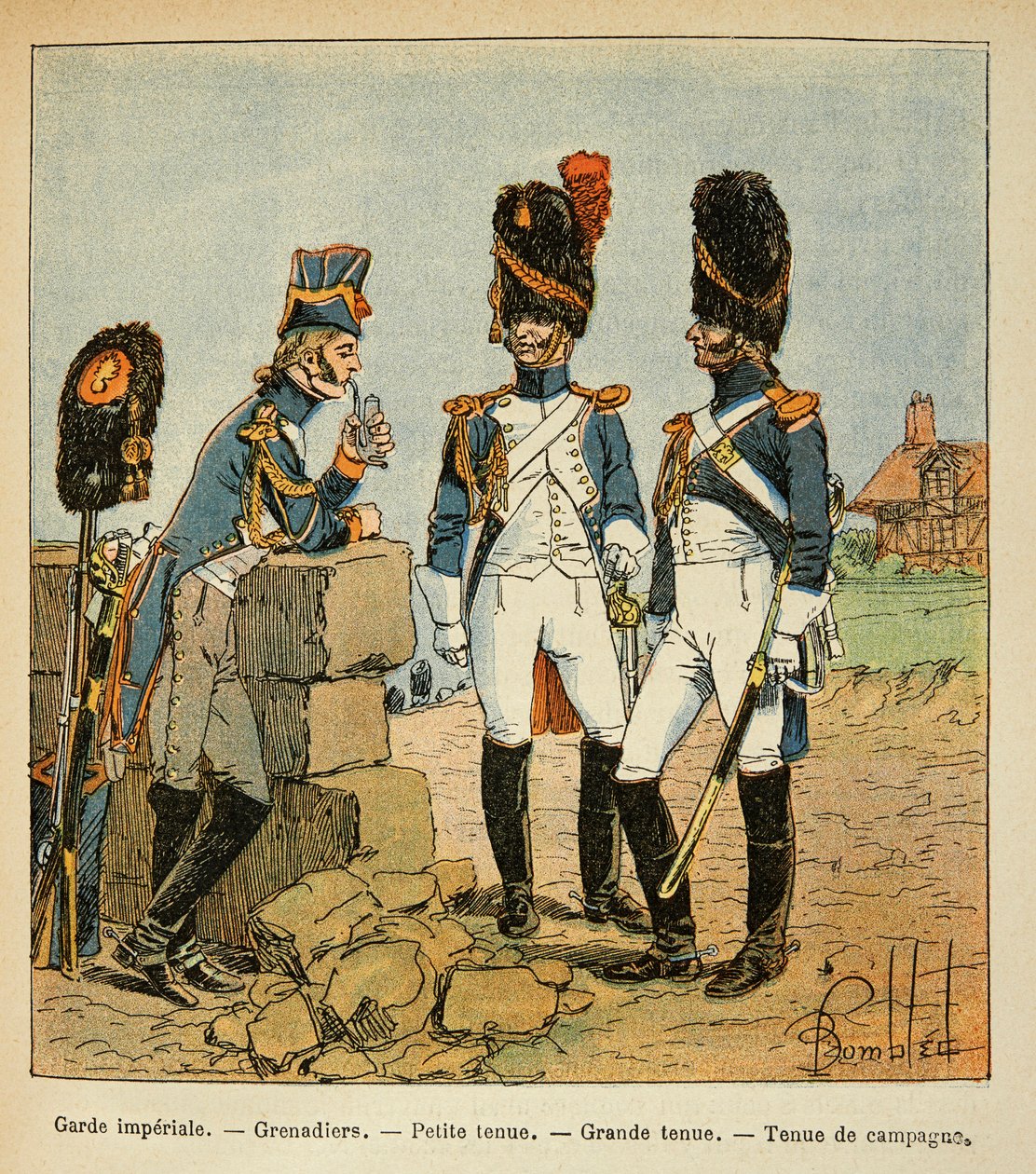 Illustration von Louis Bombled aus dem Buch „Das Memorial von Saint Helene“ von Graf Emmanuel de Las Cases: Grenadiere der kaiserlichen Garde: Kleine Uniform; große Uniform und Landuniform von Louis Charles Bombled