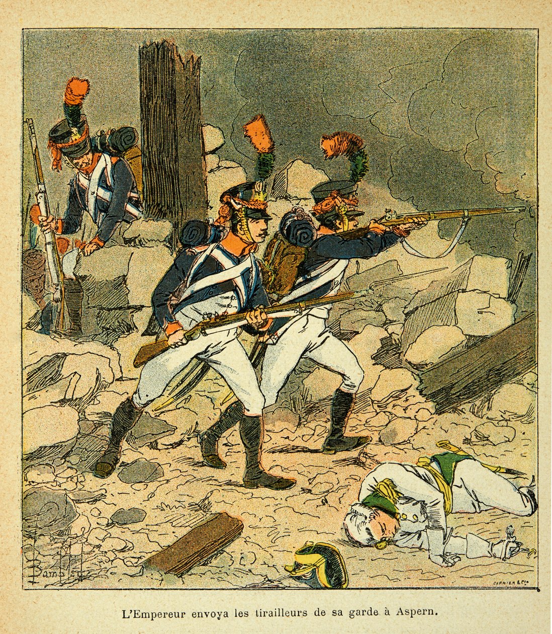 Illustration von Louis Bombled aus dem Buch „Das Memorial von Saint Helene“ von Graf Emmanuel de Las Cases: Kaiser Napoleon schickt seine Garde nach Aspern während der Schlacht von Essling von Louis Charles Bombled