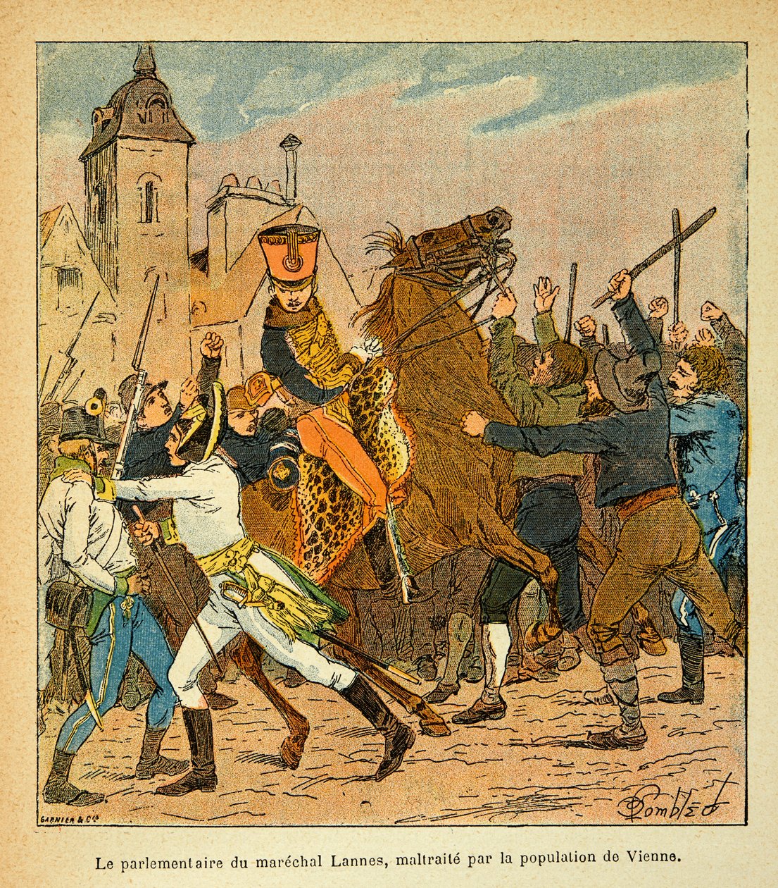 Illustration von Louis Bombled aus dem Buch „Das Memorial von Saint Helene“ von Graf Emmanuel de Las Cases: Der Parlamentär von Marschall Lannes wird von der Bevölkerung Wiens misshandelt von Louis Charles Bombled