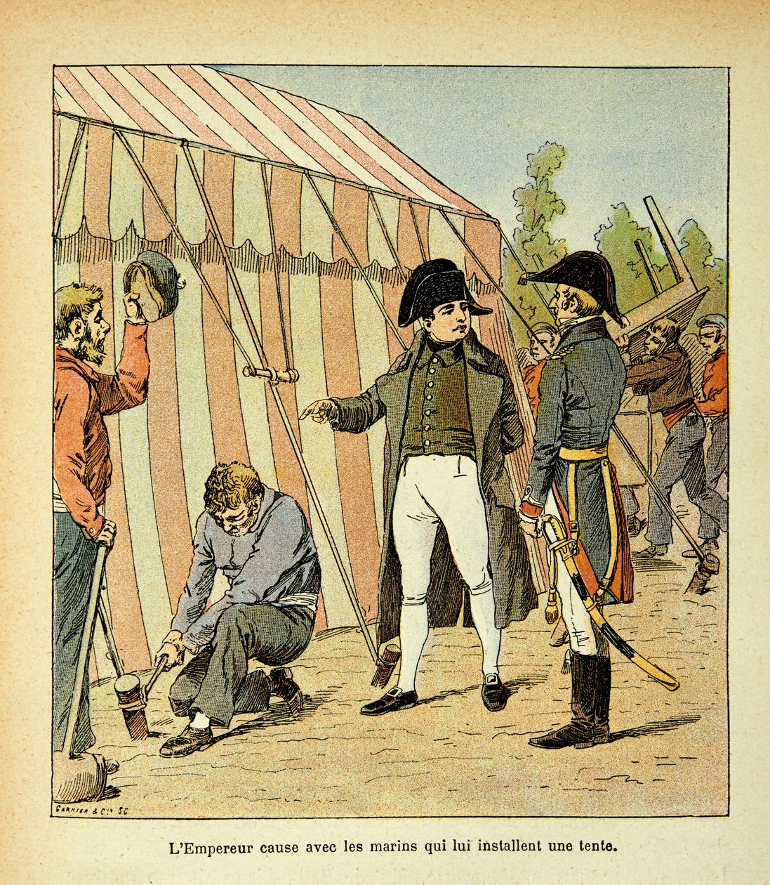 Illustration von Louis Bombled aus dem Buch „Das Memorial von Saint Helene“ von Graf Emmanuel de Las Cases: Der Kaiser Napoleon spricht mit den Matrosen, die ihm ein Zelt aufstellen von Louis Charles Bombled