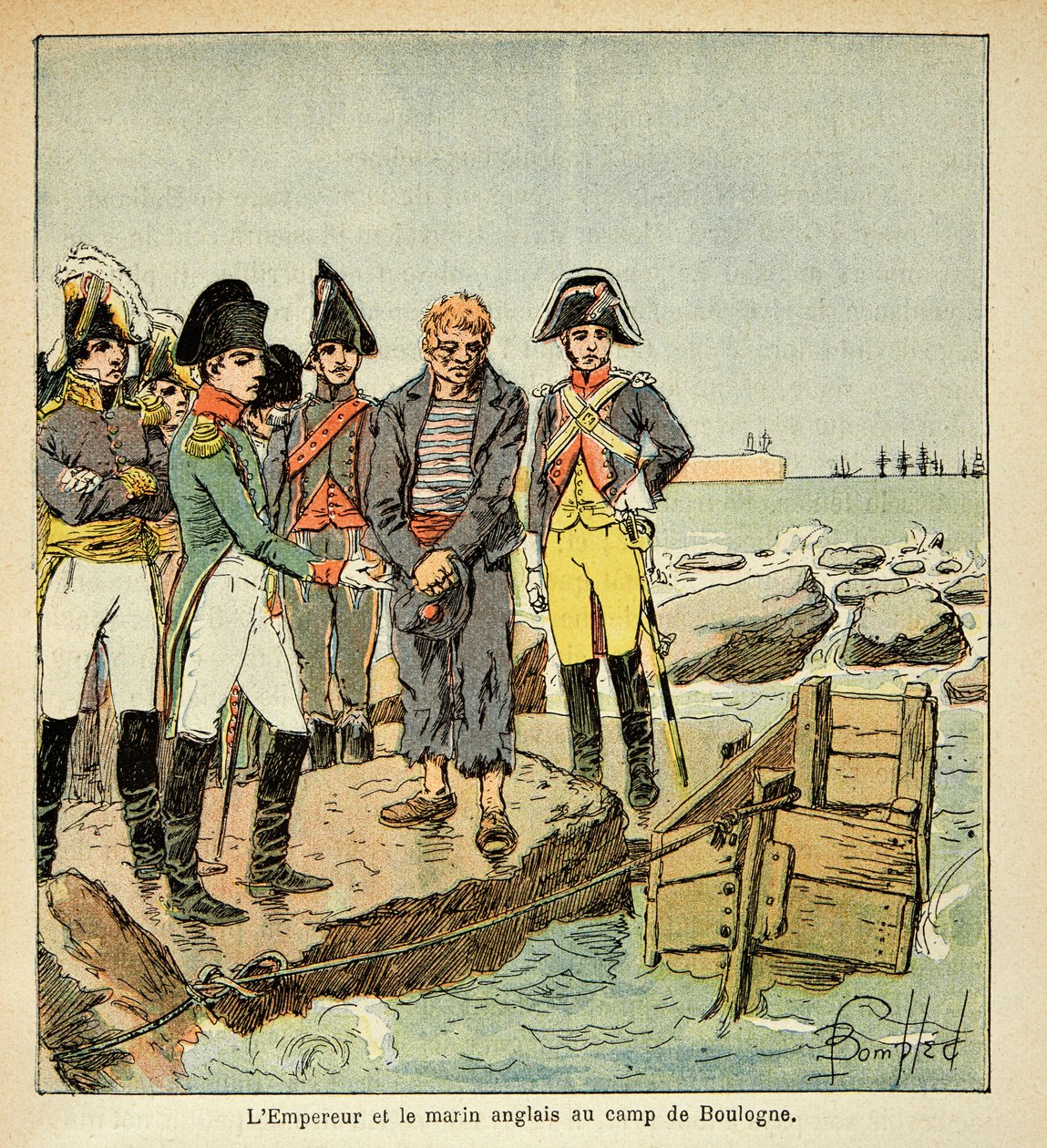 Illustration von Louis Bombled aus dem Buch „Das Memorial von Saint Helene“ von Graf Emmanuel de Las Cases: Ein englischer Matrose, der versucht, sein Land zu erreichen, wird vom Kaiser im Lager von Boulogne befreit von Louis Charles Bombled