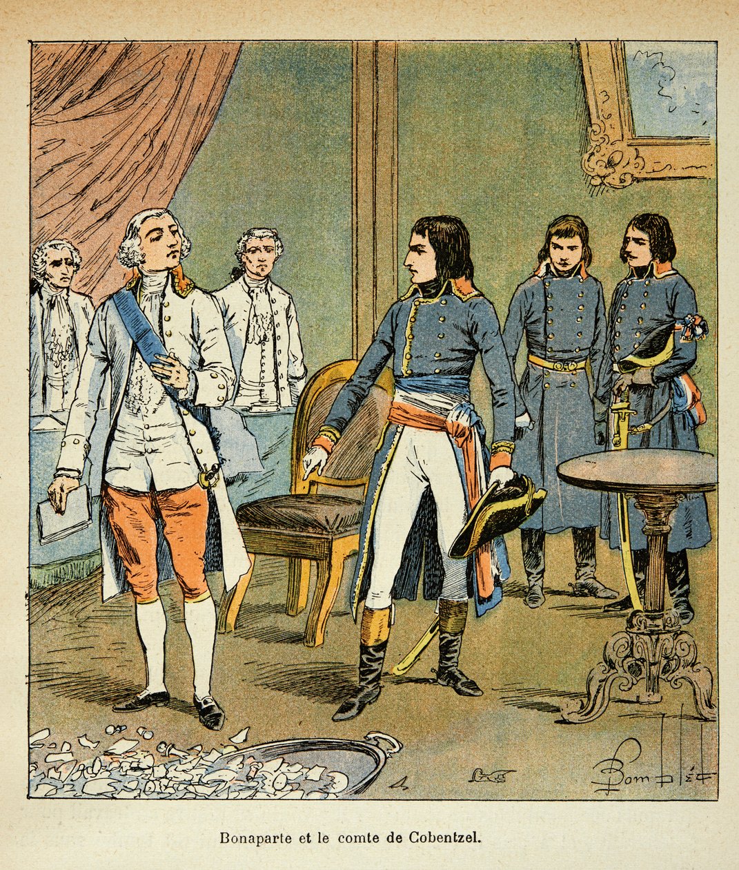 Illustration von Louis Bombled aus dem Buch „Das Memorial von St. Helene“ von Graf Emmanuel de Las Cases: Interview zwischen Bonaparte und Graf Louis Cobenzl, Kanzler von Österreich während des Handels von Campo Formio, Private Sammlung von Louis Charles Bombled