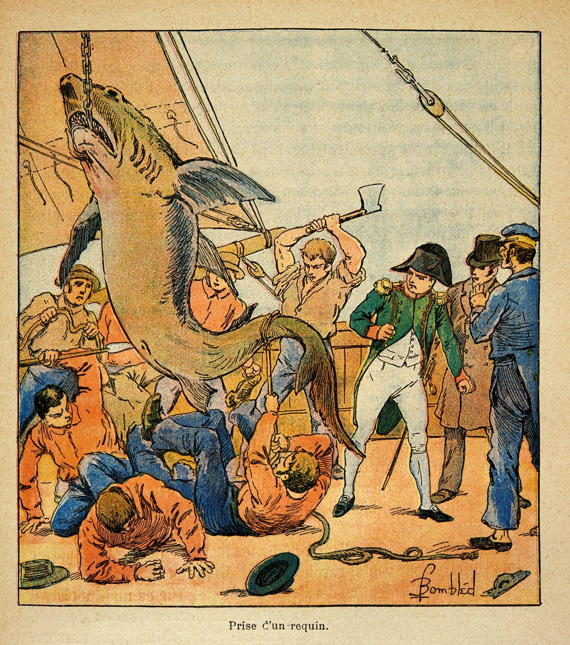 Illustration aus dem Buch „The Memorial of St. Helene“ von Graf Emmanuel de Las Cases: Kaiser Napoleon beobachtet den Fang eines Hais an Bord der Northumberland von Louis Charles Bombled