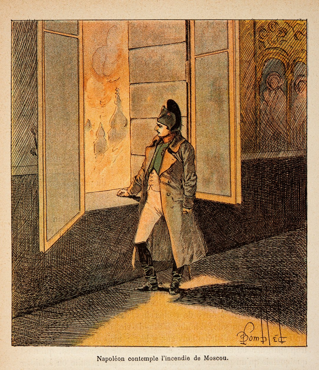 Illustration aus dem Buch „Das Memorial von St. Helene“ von Graf Emmanuel de Las Cases: Kaiser Napoleon betrachtet das Feuer von Moskau im September 1812 von Louis Charles Bombled