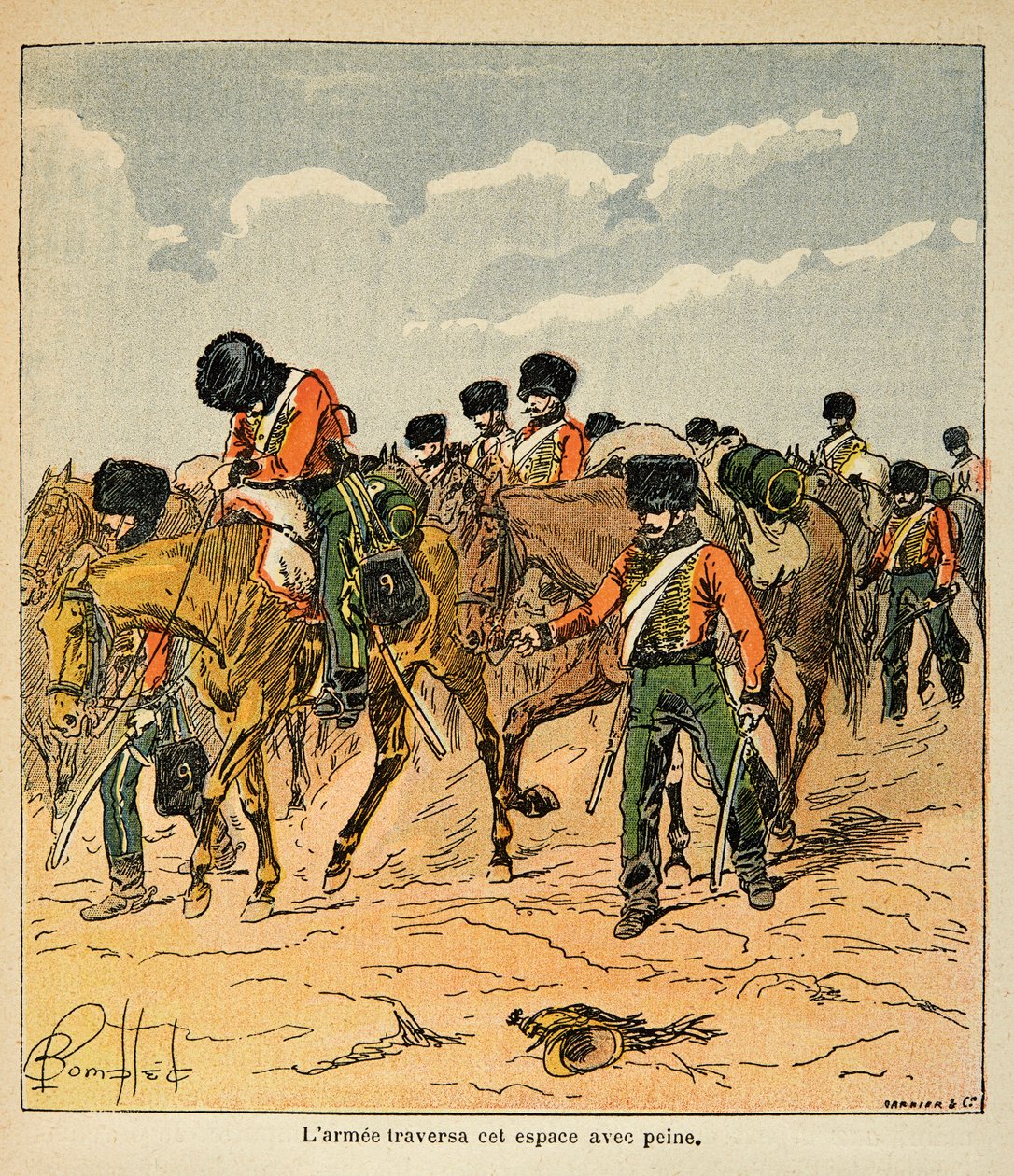 Illustration aus dem Buch „Das Memorial von St. Helene“ von Graf Emmanuel de Las Cases: Die imperiale Armee überquert mühsam die russischen Ebenen vor Moskau von Louis Charles Bombled