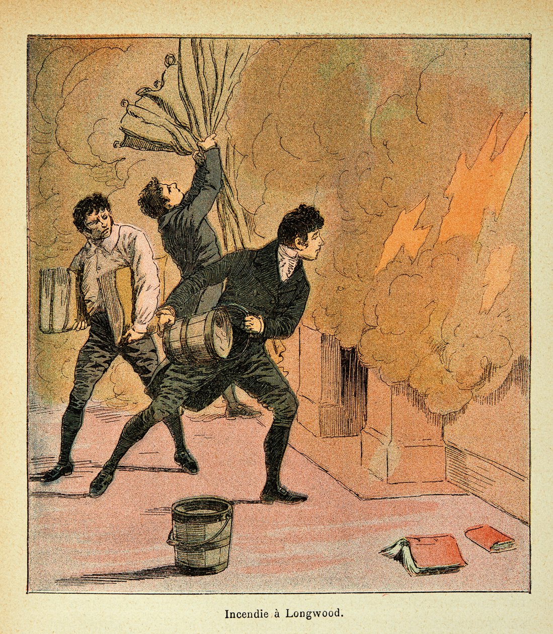 Illustration von Louis Bombled aus dem Buch „Das Memorial von Sainte Helene“ von Graf Emmanuel de Las Cases: Feuer in Longwood, Private Sammlung von Louis Charles Bombled