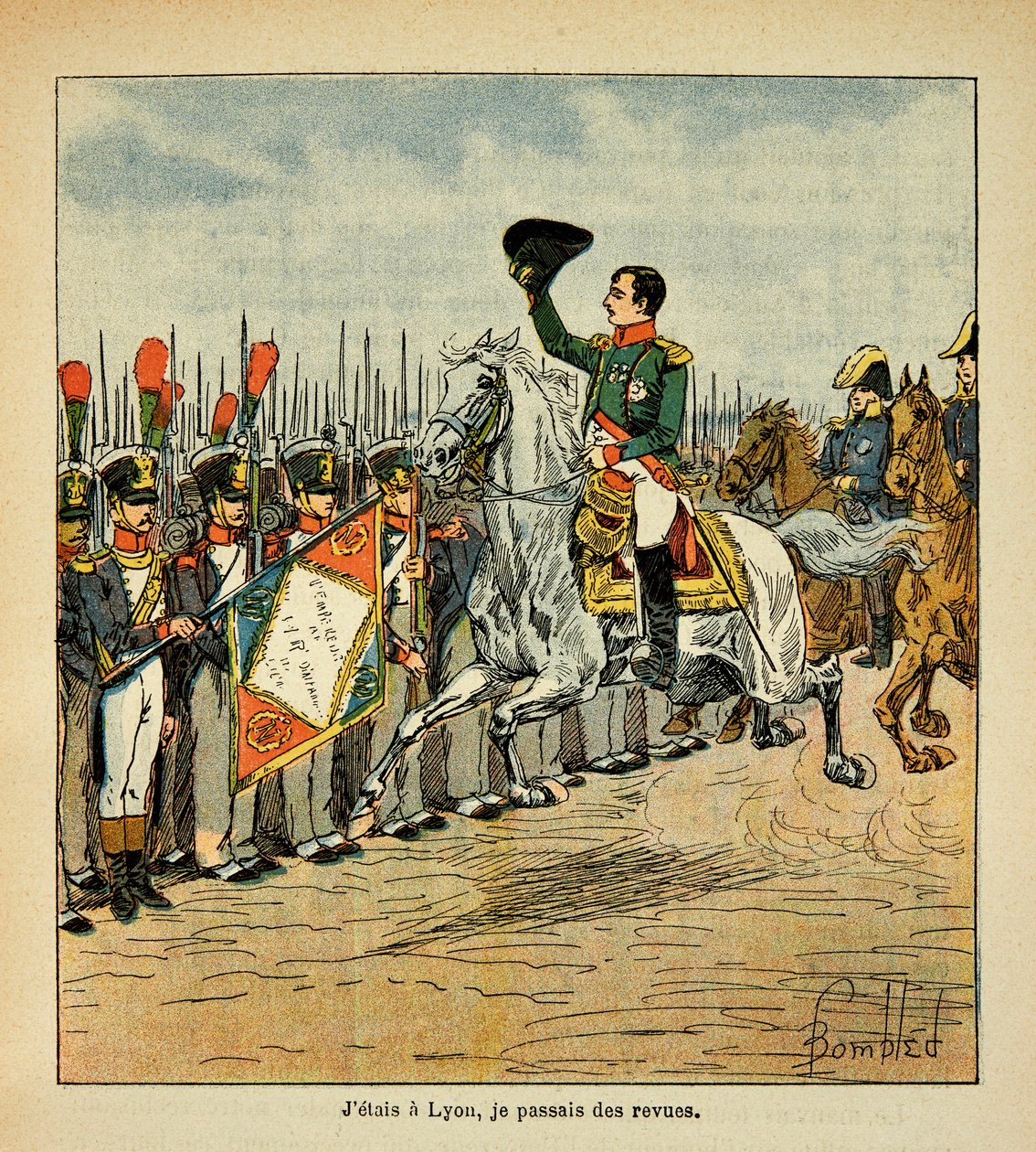 Illustration aus dem Buch „The memorial se Sainte Helene“ von Graf Emmanuel de Las Cases: Der Kaiser Napoleon inspiziert die Truppen von Louis Charles Bombled