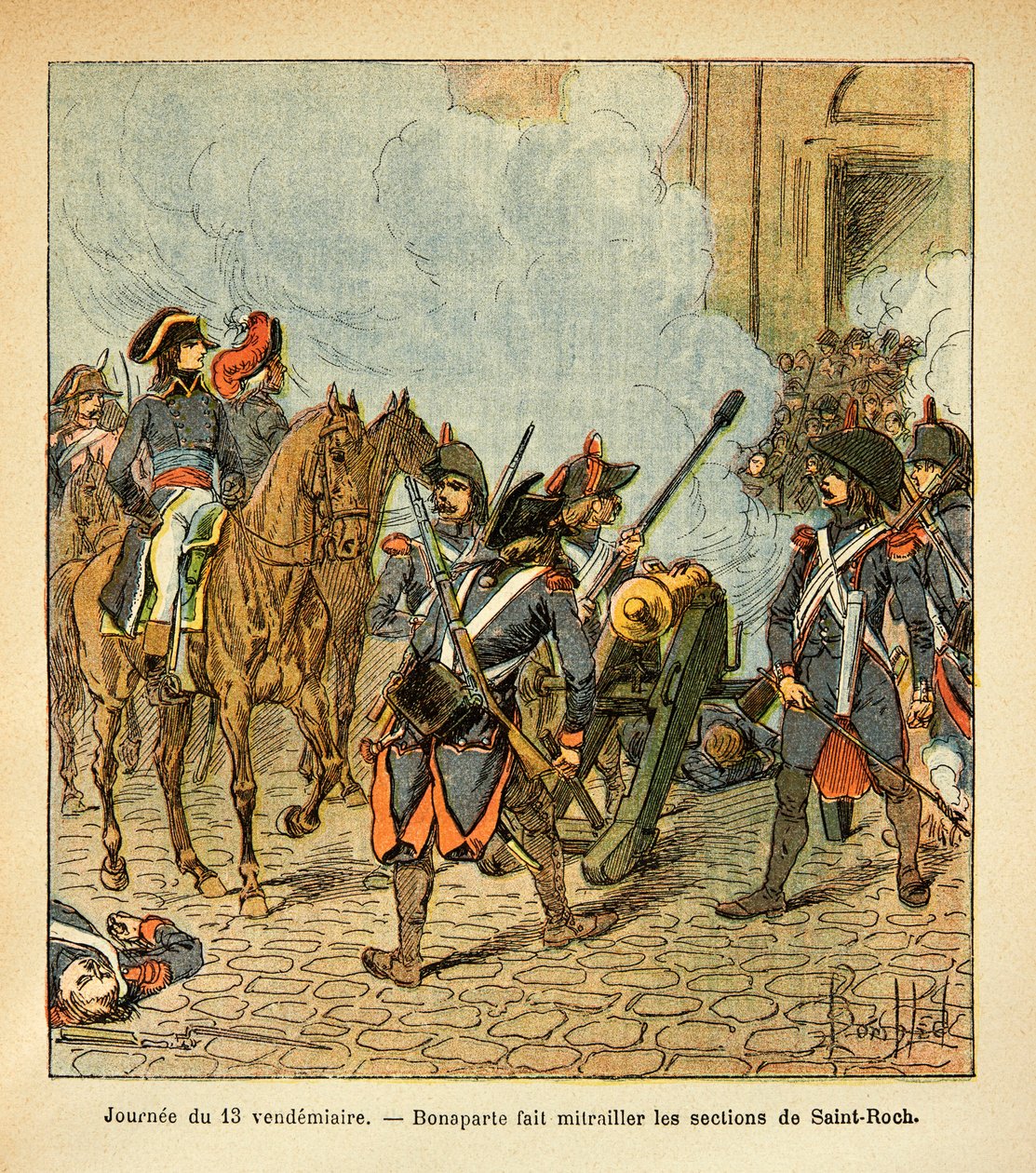 Illustration von Louis Bombled (1862-1927) aus dem Buch „Das Memorial von Saint Helena“ von Graf Emmanuel de Las Cases (1766-1842): Am Freitag, dem 13., lässt Bonaparte die Sektionen von Saint Roch mit einer Kanone beschießen, Privatbesitz von Louis Charles Bombled