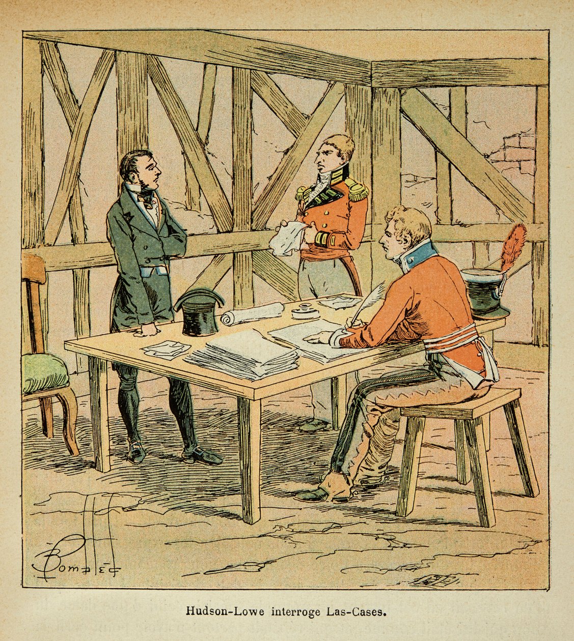 Illustration von Graf Emmanuel de Las Cases: Gouverneur Hudson Lowe befragt Las Cases von Louis Charles Bombled