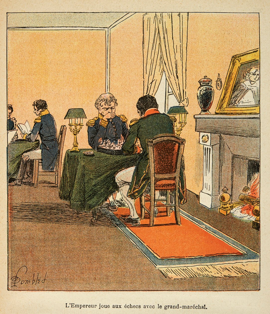 Illustration von Louis Bombled (1862-1927) aus dem Buch „Das Memorial von Saint Helene“ von Graf Emmanuel de Las Cases (1766-1842): Napoleon und Großmarschall Henri Gatien Bertrand (1773-1844) spielen Schach im August 1816 auf St. Helena, Privatsammlung von Louis Charles Bombled