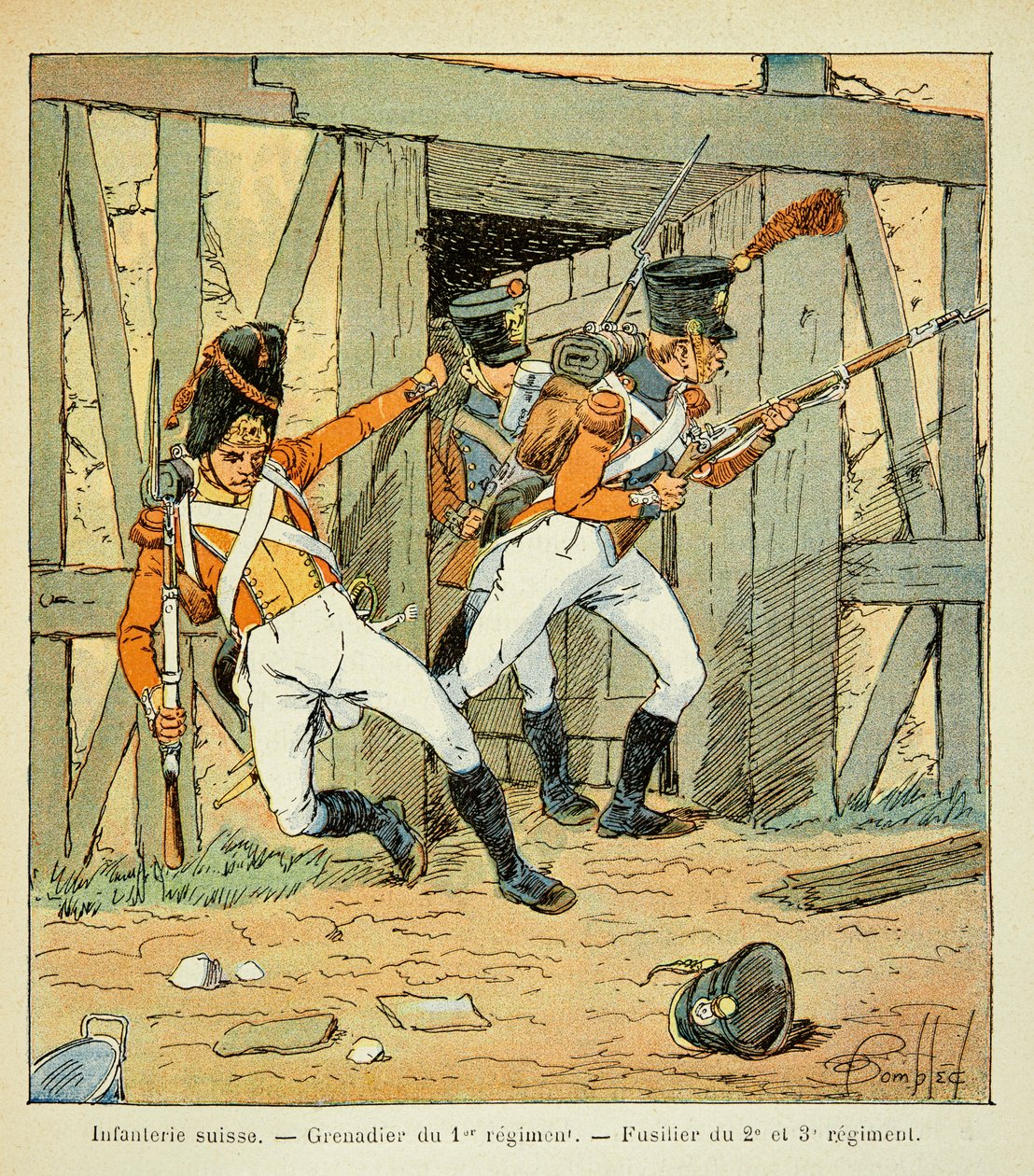Illustration von Louis Bombled aus dem Buch „Das Memorial von Saint Helene“ von Graf Emmanuel de Las Cases: Schweizer Infanterie: Grenadier des 1. Regiments und Füsilier des 2., 3. und 3. Regiments, Private Sammlung von Louis Charles Bombled