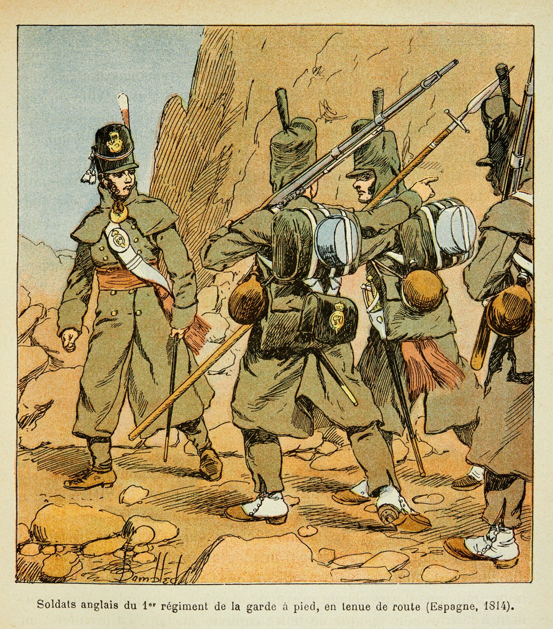 Illustration von Louis Bombled (1862-1927) aus dem Buch „Das Memorial von St. Helena“ von Graf Emmanuel de Las Cases (1766-1842): Englische Soldaten des 1. Regiments der Garde in einem Rastplatz (Spanien 1814) von Louis Charles Bombled
