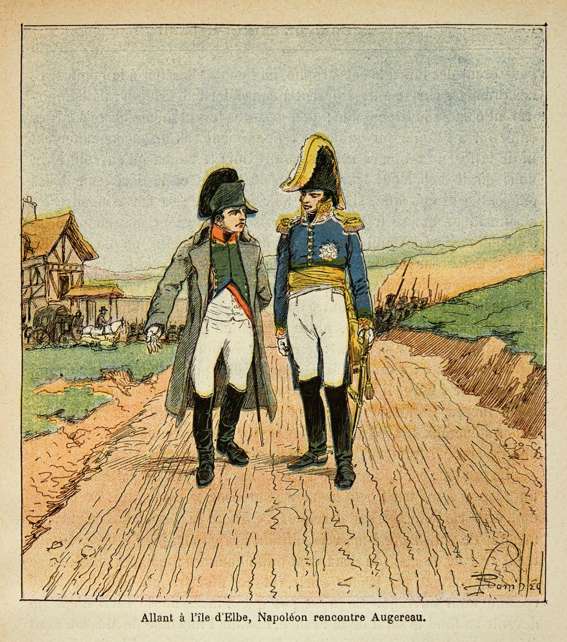 Illustration von Louis Bombled (1862-1927) aus dem Buch „Das Memorial von St. Helena“ von Graf Emmanuel de Las Cases (1766-1842): Auf dem Weg zur Insel Elba trifft Napoleon Augereau von Louis Charles Bombled