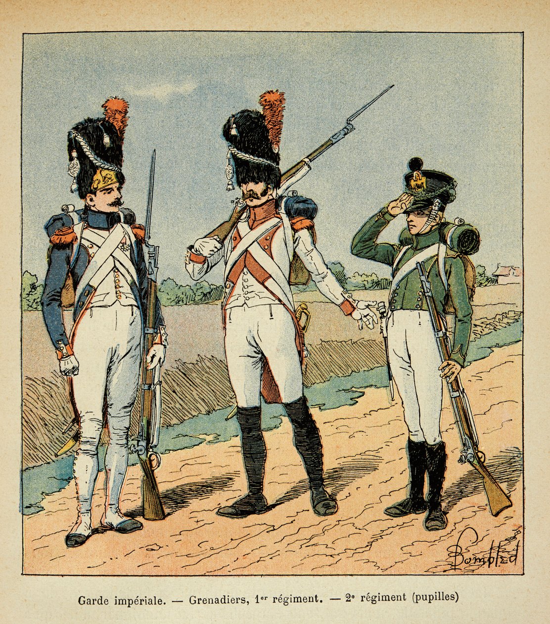 Illustration aus dem Buch „The Memorial of Saint Helene“ von Graf Emmanuel de Las Cases: Kaiserliche Garde; Grenadier des 1. Regiments; Schüler des 2. Regiments von Louis Charles Bombled