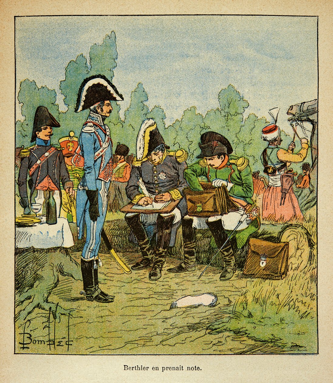 Der Marschall Louis Alexandre Berthier notiert die Befehle Napoleons, aus dem Buch „The Memorial of Saint Helene“ von Graf Emmanuel de Las Cases von Louis Charles Bombled