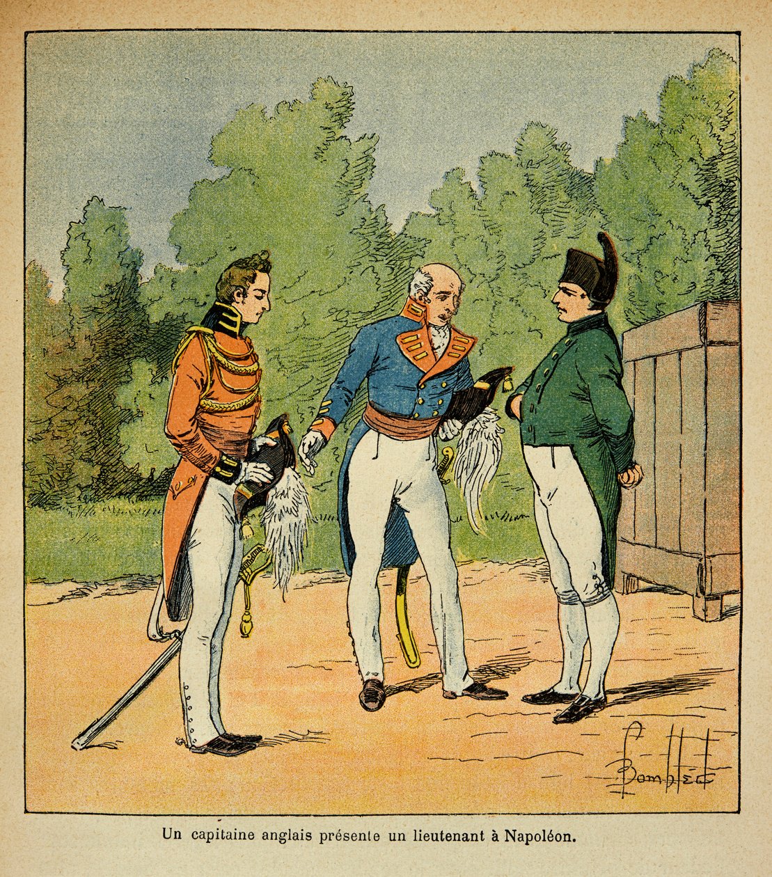 Illustration von Louis Bombled (1862-1927) aus dem Buch „Das Memorial von Saint Helena“ von Graf Emmanuel de Las Cases (1766-1842): Auf St. Helena stellt ein englischer Kapitän Kaiser Napoleon einen Leutnant vor, Privatbesitz von Louis Charles Bombled