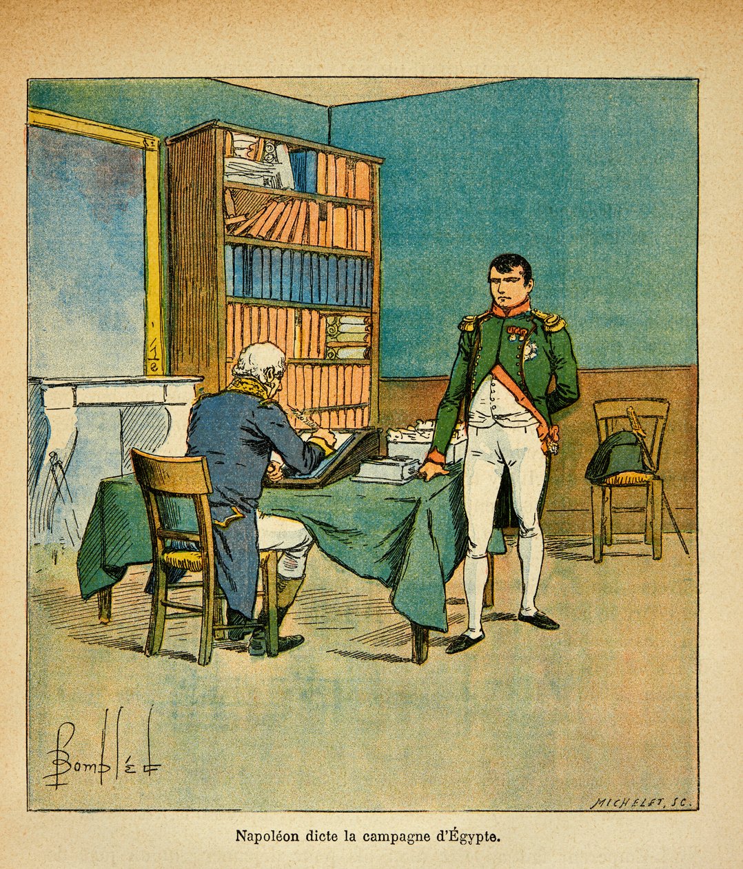 Illustration von Louis Bombled (1862-1927) aus dem Buch „Das Memorial von Saint Helena“ von Graf Emmanuel de Las Cases (1766-1842): Im Exil diktiert Kaiser Napoleon dem Großmarschall Henri Gatien Bertrand (1773-1844) seine Erinnerungen über den ägyptischen von Louis Charles Bombled