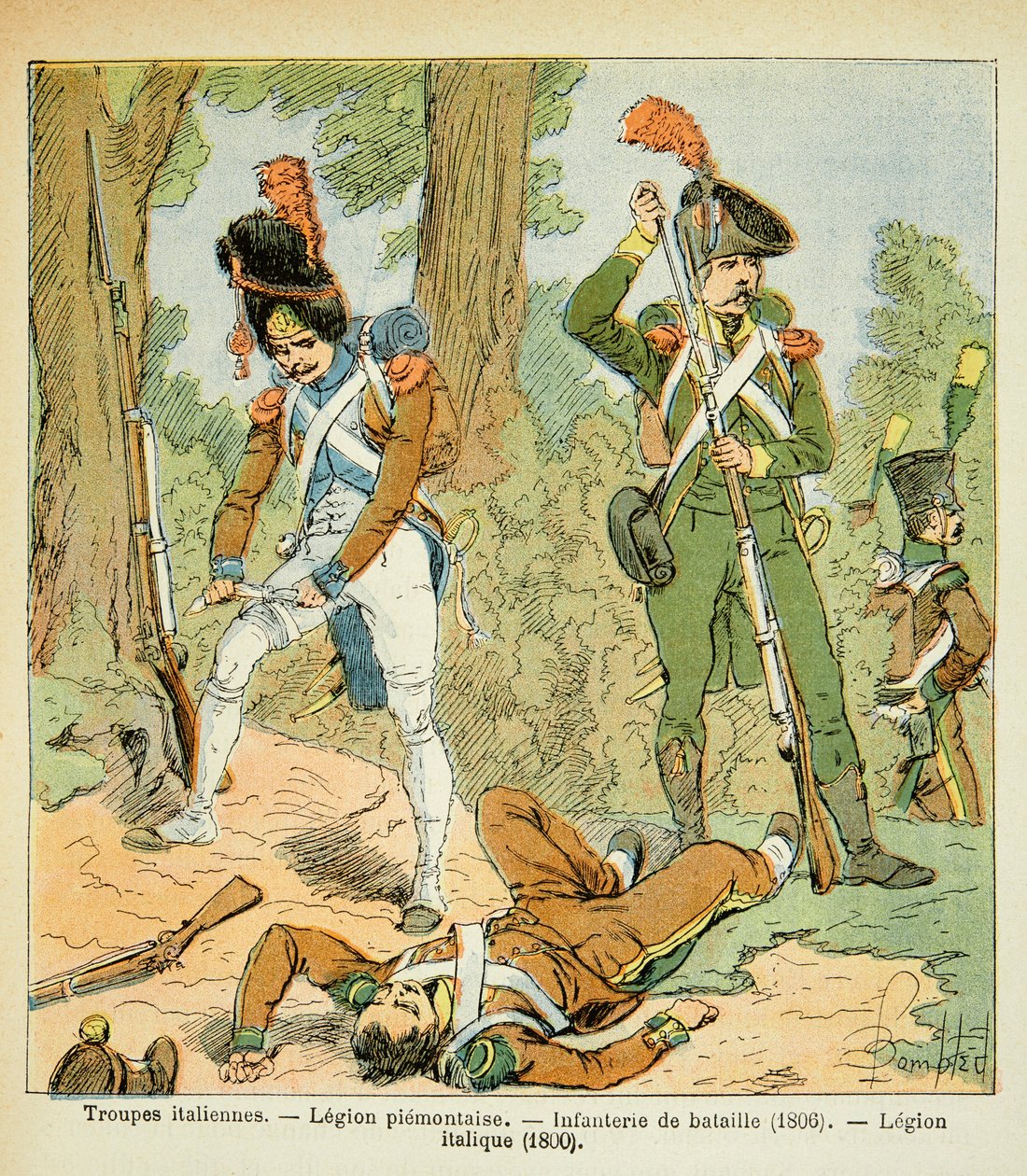 Illustration von Louis Bombled aus dem Buch „Das Memorial von Saint Helene“ von Graf Emmanuel de Las Cases: Italienische Truppen, Piemontesische Legion: Schlachtinfanterie (1806), Italische Legion (1800) von Louis Charles Bombled
