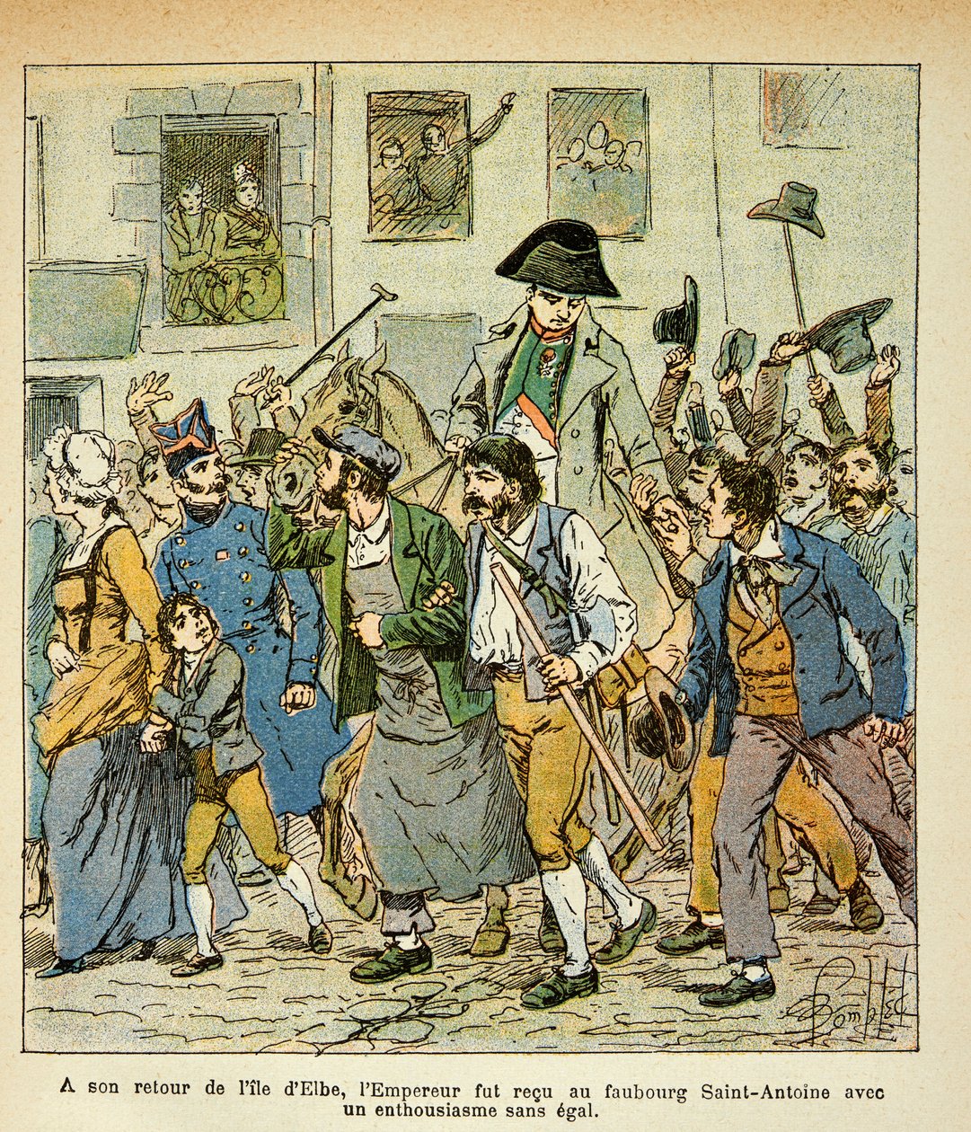 Illustration von Louis Bombled aus dem Buch „Das Memorial von Saint Helene“ von Graf Emmanuel de Las Cases: Bei seiner Rückkehr von Elba wurde der Kaiser im Faubourg Saint Antoine mit unübertroffener Begeisterung empfangen von Louis Charles Bombled