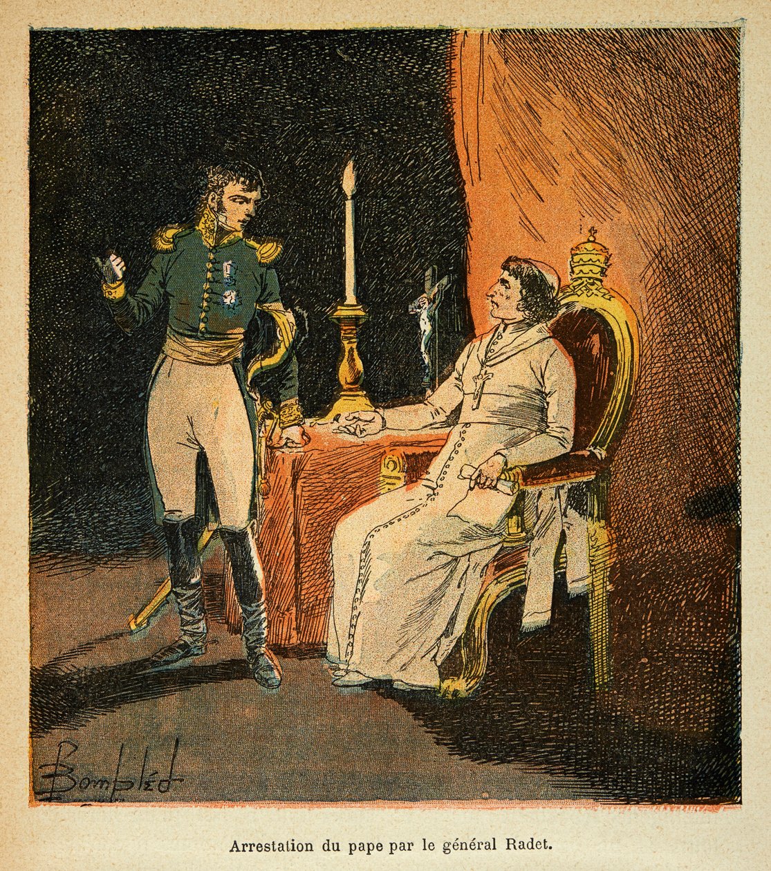 Illustration aus dem Buch „The Memorial of Saint Helene“ von Graf Emmanuel de Las Cases: Verhaftung von Papst Pius VII durch General Stephen Radet im Jahr 1809 von Louis Charles Bombled