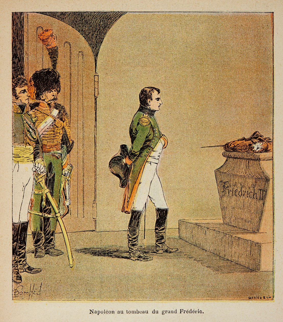 Illustration von Louis Bombled (1862-1927) aus dem Buch „Das Memorial von St. Helena“ von Graf Emmanuel de Las Cases (1766-1842): Napoleon meditiert über den Sarg von Friedrich II. von Preußen in der Krypta der Garnisonkirche in Potsdam im Jahr 1806, Priva von Louis Charles Bombled