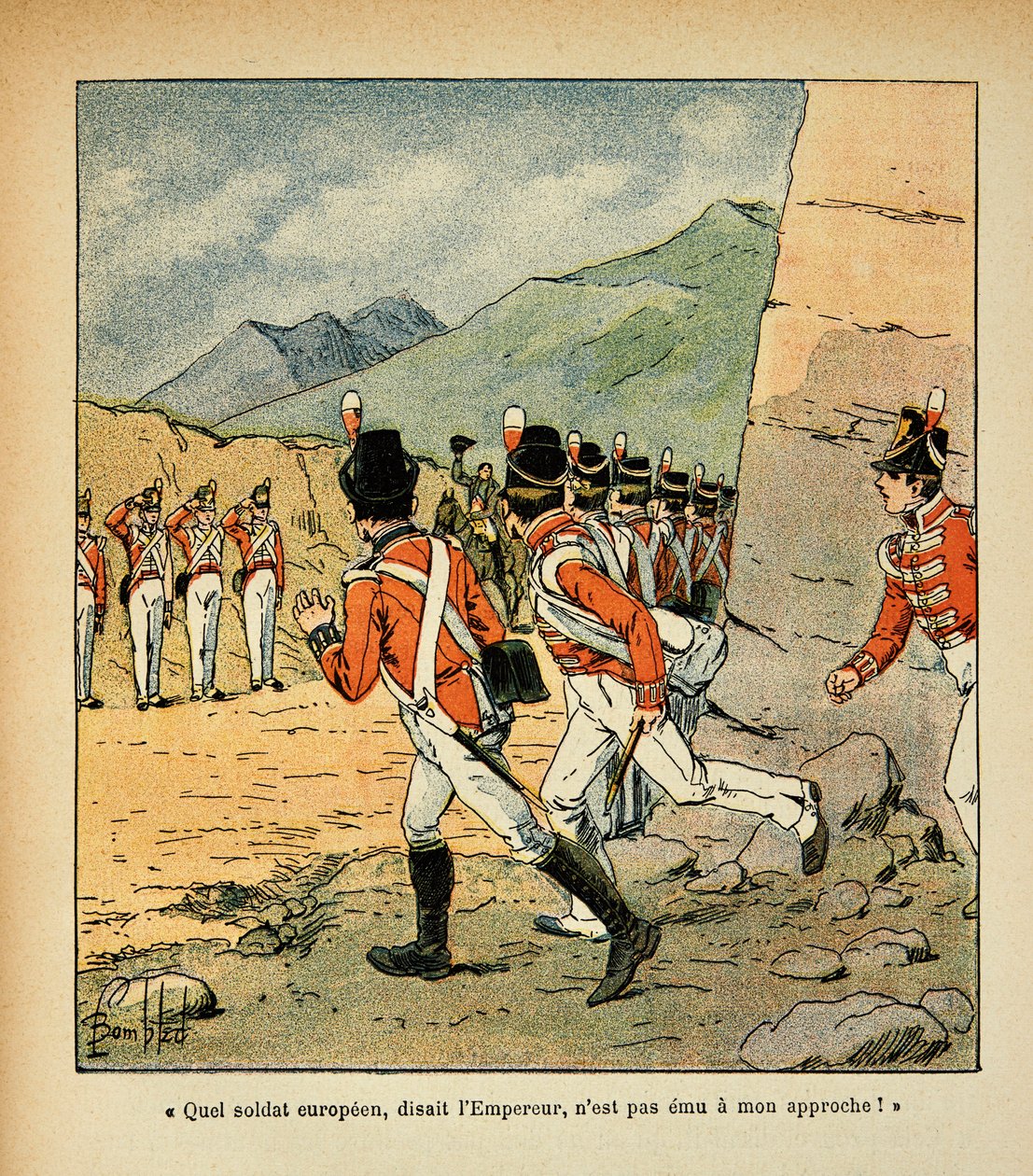 Illustration von Louis Bombled (1862-1927) aus dem Buch „Das Memorial von St. Helena“ von Graf Emmanuel de Las Cases (1766-1842): Kaiser Napoleon wird von der Garnison von St. Helena begrüßt, Privatbesitz von Louis Charles Bombled