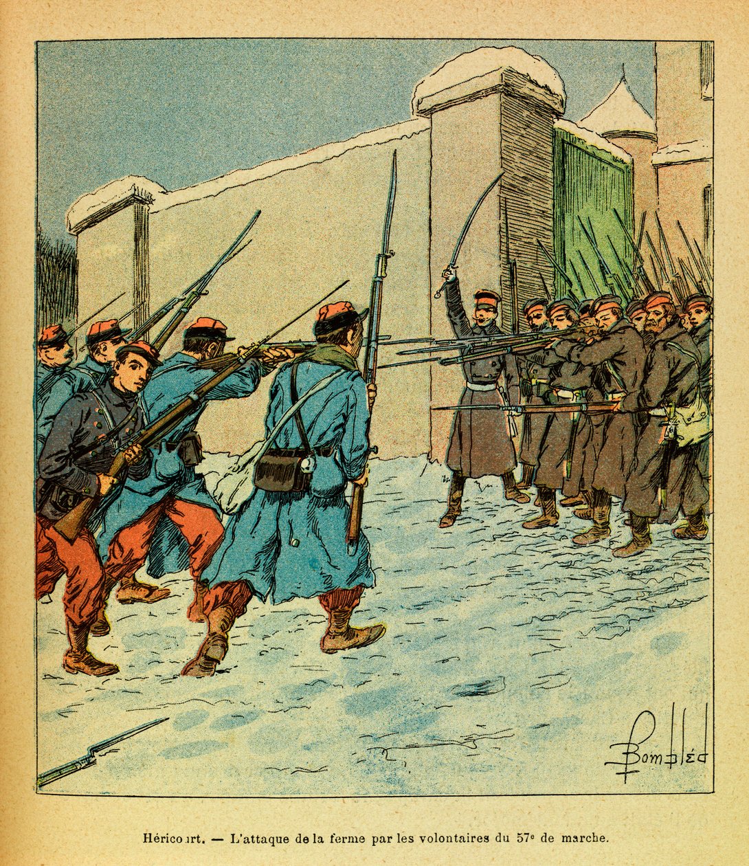 Die östliche Armee: Januar 1871, Hericourt, die französischen Freiwilligen des 57. Marschregiments im Angriff auf einen Bauernhof von Louis Charles Bombled