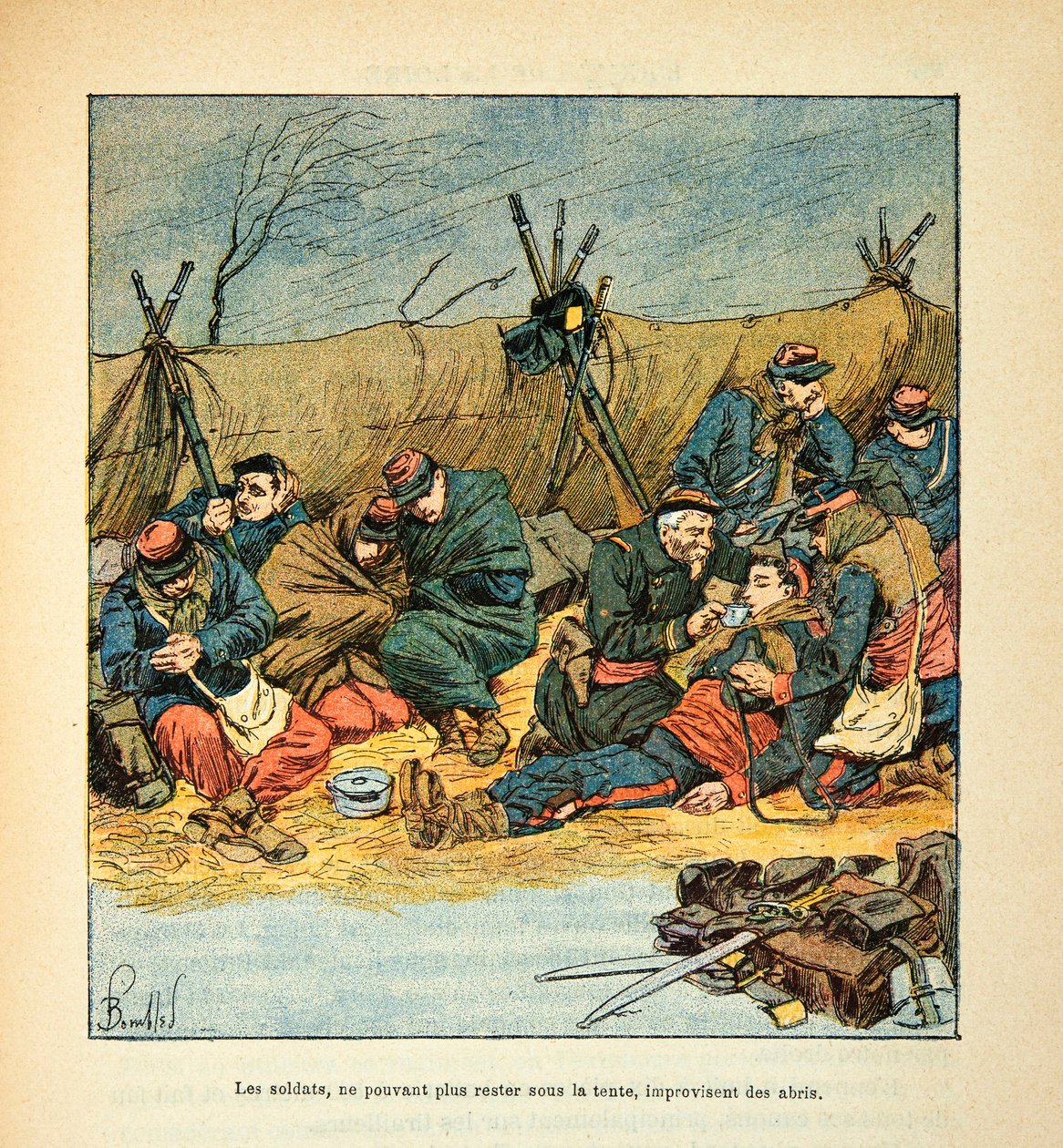 Die Armee der Loire von Eugene Sergent, genannt Grenest, illustriert von Louis Bombled (1862-1927) (Französisch-Deutscher Krieg; Feldzug von 1870-1871): Französische Soldaten während des Rückzugs im Winter 1870, Privatsammlung von Louis Charles Bombled