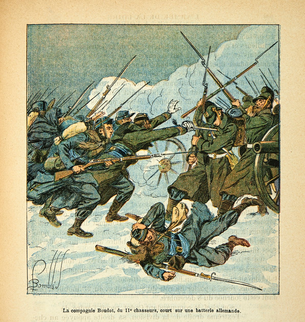 Die Armee der Loire von Eugene Sergent, illustriert von Louis Bombled (Deutsch-Französischer Krieg; Feldzug von 1870-1871): Die Boudot-Kompanie der 11. Jäger stürmte im Dezember 1870 eine deutsche Batterie, Teilsammlung von Louis Charles Bombled