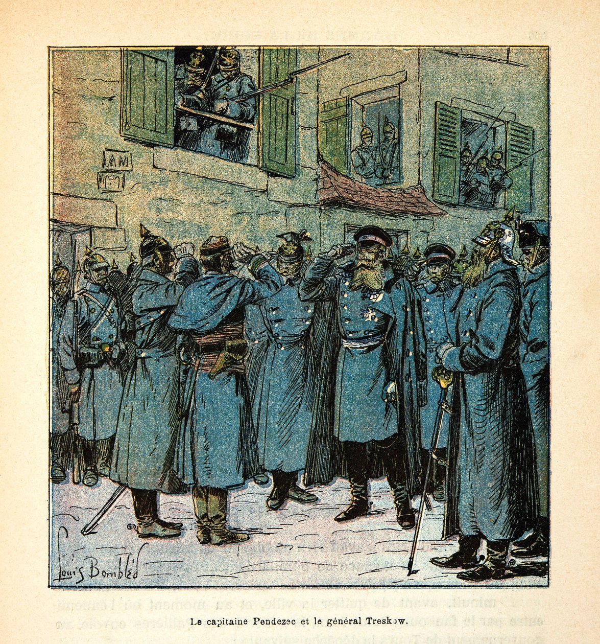 Die Armee der Loire von Eugene Sergent, illustriert von Louis Bombled (Deutsch-Französischer Krieg; Feldzug von 1870-1871): Der französische Kapitän Pendezec und der preußische General Treskow trafen sich während des Rückzugs der Franzosen aus der Stadt Or von Louis Charles Bombled