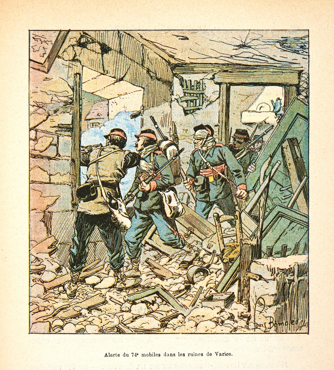 Die Armee der Loire von Eugene Sergent, genannt Grenest, illustriert von Louis Bombled (Französisch-Deutscher Krieg; Feldzug von 1870-1871): im Dezember 1870 die 74. Mobilen in den Ruinen des Dorfes Varize von Louis Charles Bombled
