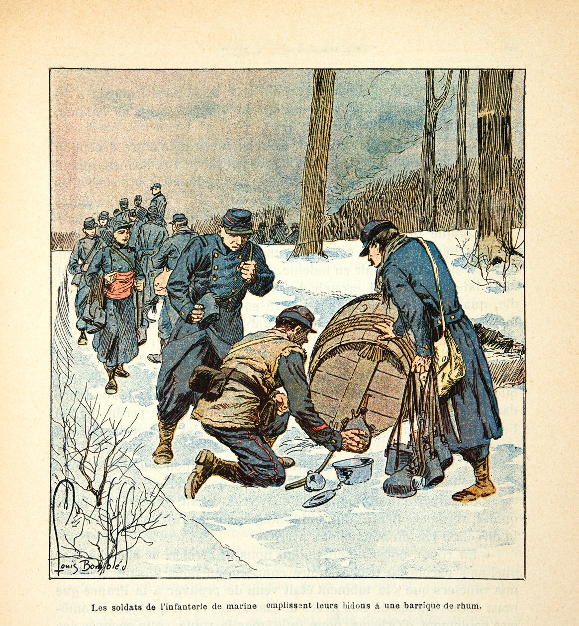 Die Armee der Loire von Eugene Sergent, dit Grenest, illustriert von Louis Bombled (Deutsch-Französischer Krieg; Feldzug von 1870-1871): Die Soldaten der Marineinfanterie füllen ihre Dosen mit einem Fass Rum von Louis Charles Bombled